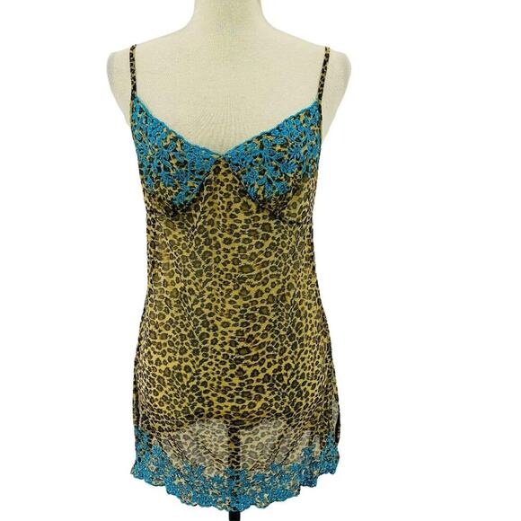Vintage Y2K Victoria's Secret Babydoll Sheer Leopard Teal Embroidered Nightie M - Picture 1 of 8